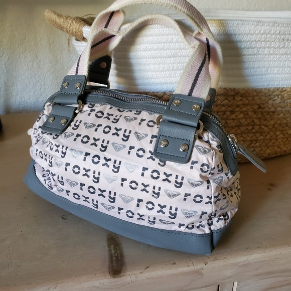 ROXY Grey Tan Silver Roxy Logo Satchel Soft Shell Handbag Purse Very Cute - Picture 1 of 8